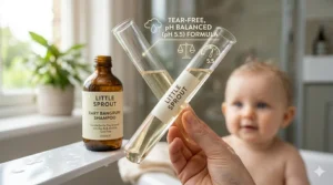 Illustration explaining the importance of a tear-free, pH-balanced formula in baby dandruff treatments.