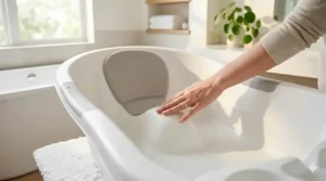 A plastic baby bathtub featuring a built-in ergonomic bump and non-slip bottom for newborn safety.