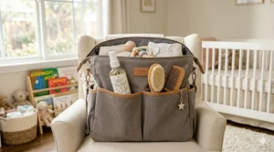 An illustration of a diaper bag containing a travel-sized detangler for baby hair and a soft-bristle brush.