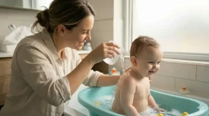 Using a small cup to pour clean, warm water over a baby’s shoulders and back to rinse off soap.