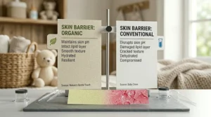 An anatomical illustration of a baby's delicate skin barrier reacting to harsh chemicals in regular soap.
