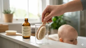 Illustration of using a soft-bristled brush alongside baby shampoo to gently loosen dandruff flakes.