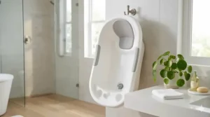 A sleek plastic baby bathtub hanging on a bathroom wall hook to save floor space in a small bathroom.