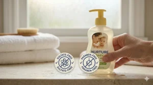 A close-up of a product label highlighting Sulfate-Free and Paraben-Free icons on a baby cleansing product.