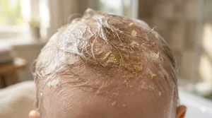 Illustration showing common symptoms of baby dandruff, including yellow crusty patches and flaky scalp.