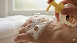A close-up of gentle suds from a tear-free baby body wash, highlighting its safety for sensitive eyes.