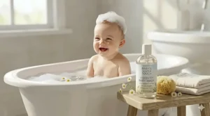 A happy baby with soap bubbles on their head during bath time, highlighting a tear-free unscented baby wash formula.