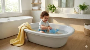 An older toddler sitting comfortably in a spacious plastic baby bathtub, demonstrating product longevity.