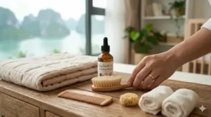 A photorealistic 4K detailed close-up featuring an amber glass bottle of baby growth oil, a soft wooden brush, a wooden comb, and cotton washcloths arranged for a daily routine.