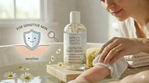 An illustration of a mother gently washing a baby’s arm to show the application of unscented baby wash on eczema-prone skin.