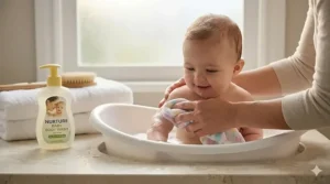 A parent gently washing a baby’s arm in a small tub using a specialized baby body wash for sensitive skin.
