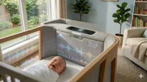 A diagram showing how an AI powered rocking crib analyzes crying sounds to select the best soothing mode.