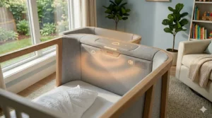 An illustration of a smart crib emitting soothing white noise and lullabies to help a baby sleep.