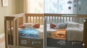 A split illustration showing how a temperature regulating crib adjusts to keep a baby cool in summer and warm in winter.