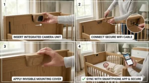 Easy installation steps for a premium crib with a built-in camera.