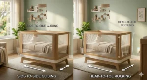 An illustration comparing different motion styles like side-to-side and front-to-back gliding in an automatic rocking crib.