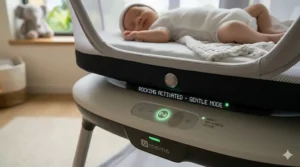 An infographic illustrating how a self rocking bassinet for newborns detects a baby crying and automatically triggers soothing motions.