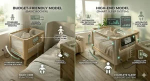 A feature comparison chart analyzing budget-friendly versus high-end premium automatic rocking crib models.