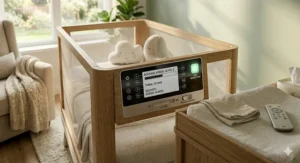 A diagram of an automatic rocking crib control panel featuring speed settings, sleep timers, and ambient sound controls.