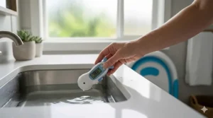 A close-up of a person's hand using a digital whale-shaped thermometer to check the water temperature in a kitchen sink.