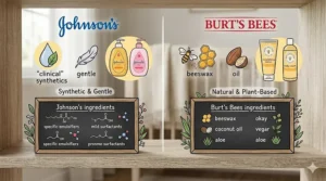 A split illustration showing icons of mild surfactants and synthetics for Johnson’s, contrasted against natural beeswax and coconut oil icons for Burt’s Bees.