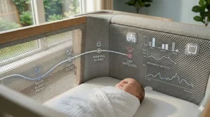 A visual infographic showing overnight sleep cycle tracking generated by an AI powered rocking crib.
