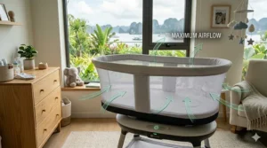 A detailed cross-section view showing the maximum airflow provided by breathable mesh walls on an automatic baby bassinet.