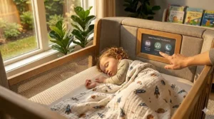 An illustration demonstrating how an AI powered rocking crib adjusts as a baby grows from newborn to toddler.