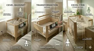 An illustration showing the lifespan of a convertible automatic rocking crib as it transitions from a smart bassinet into a toddler bed.