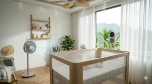 A well-ventilated summer nursery featuring a cooling crib positioned away from direct sunlight and near a gentle fan.