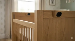 Close-up view of a crib with a built-in camera discreetly integrated into the frame.