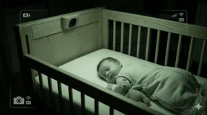 Night vision display showing a peaceful baby inside a crib with a built-in camera.