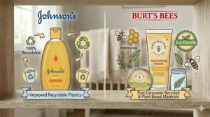 A packaging comparison illustration showing the yellow Johnson's Baby Shampoo plastic bottle with recycling arrows, contrasted against a Burt's Bees lotion tube with post-consumer recycled material callouts.