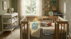 An eco-friendly icon concept illustrating the low energy consumption and smart power-saving mode of a temperature regulating crib.