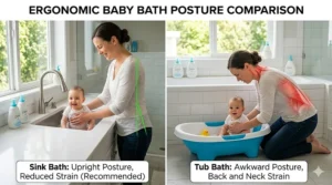 An infographic-style illustration comparing upright posture at a sink versus back strain while bending over a floor-level baby tub.
