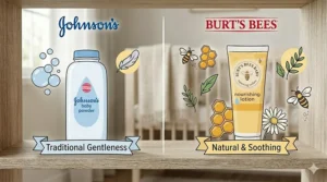 A gentle illustration showing a Johnson's Baby Powder bottle labeled 'Traditional Gentleness' and a Burt's Bees Nourishing Lotion tube with chamomile, labeled 'Natural & Soothing.'