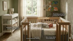 A peaceful illustration of a comfortable, deeply sleeping baby inside a temperature regulating crib with a digital display showing a perfect 68 degrees.