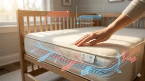 An illustration showing the dual-mode thermal settings of the heated cooling crib mattress.