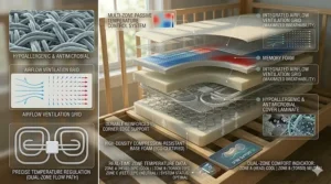 Step-by-step graphic for easy installation of the heated cooling crib mattress.