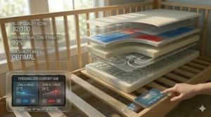 A calm nursery scene illustrating how the heated cooling crib mattress promotes better sleep.