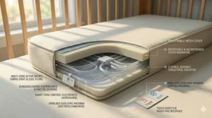 Side-view illustration showing the ergonomic spinal support of the heated cooling crib mattress.
