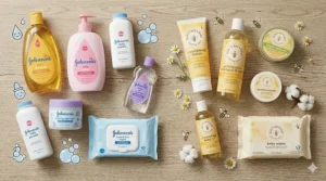 A photorealistic overhead flat-lay shot showcasing an extensive array of products: wipes, powders, oils, and lotions from both the Johnson's and Burt's Bees baby product lines.