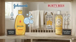 An illustrative comparison focusing on the classic yellow Johnson's Baby Shampoo 'No More Tears' feature next to the clear Burt's Bees Baby Bee Getting Clean Shampoo & Wash.