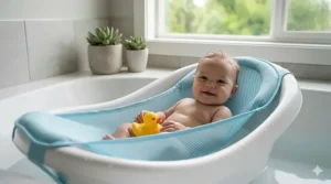 A newborn baby resting comfortably in a light blue mesh bath sling attached to a white plastic baby bathtub.