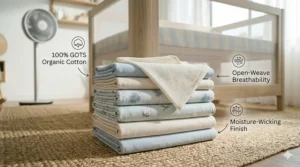 Lightweight and breathable organic cotton sheets tailored for a summer cooling crib setup.