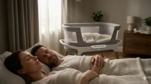A happy, well-rested mother and father sleeping peacefully while their baby is safely asleep in a smart rocking bassinet nearby.
