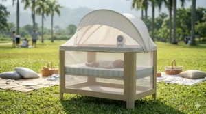 A lightweight, foldable travel cooling crib with a canopy mesh for outdoor summer use.