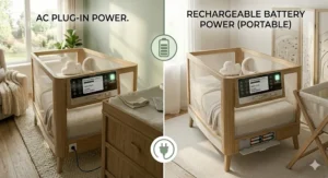 A comparison illustration of battery-operated and plug-in power options for portable automatic rocking crib models.