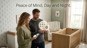 Illustrative graphic showing the peace of mind provided by a crib with a built-in camera.