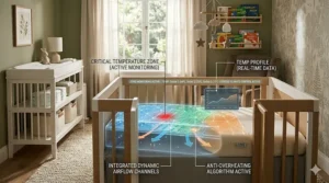 A vector illustration highlighting how a temperature regulating crib prevents infant overheating for a safer sleep environment.